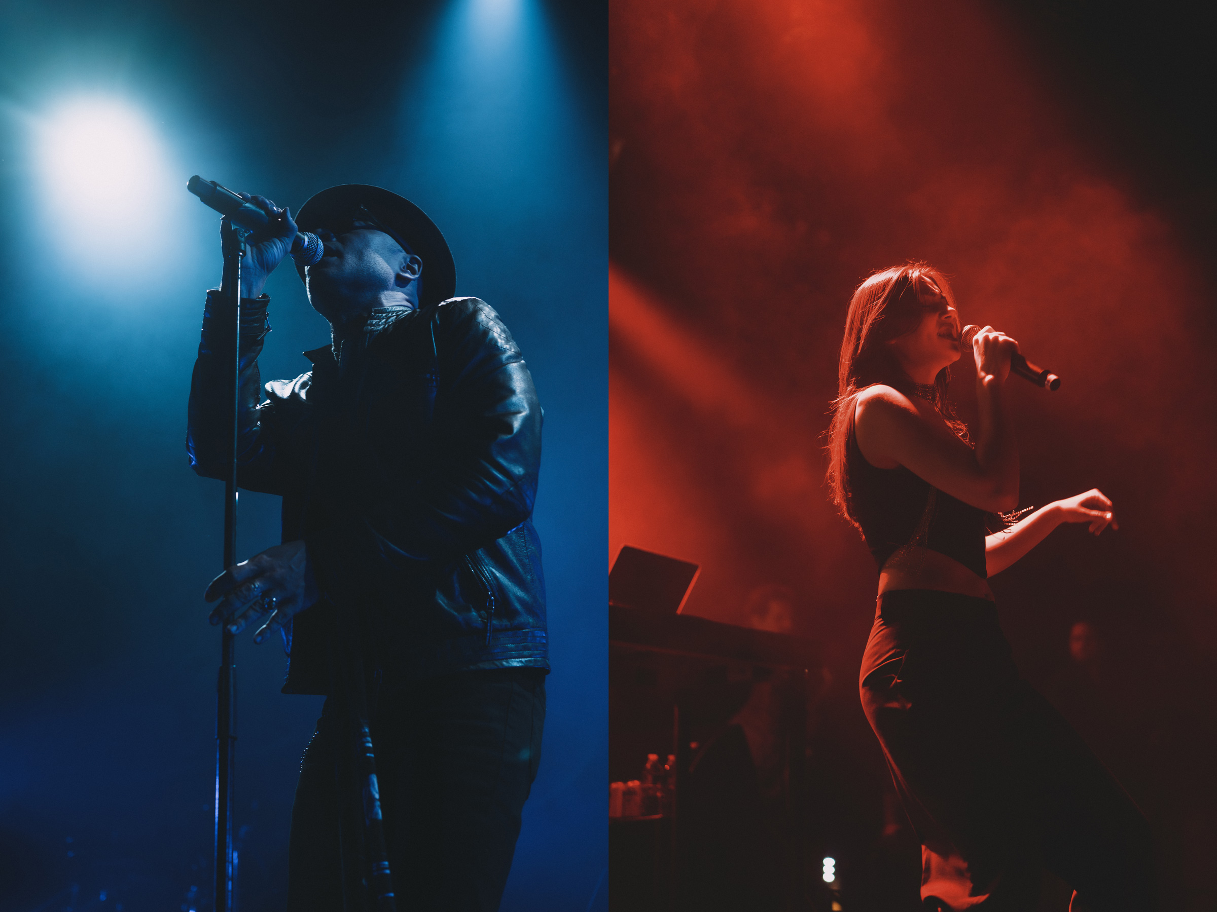 slenderbodies singer max singing, backlit by orange, magenta, and blue stage lights